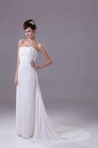 Strapless Ruched 2013 Popular Wedding Dress with Sweep Train and Flowers