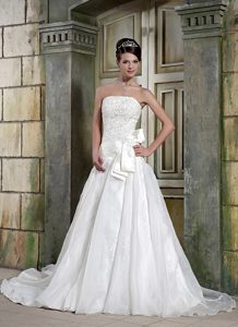 Elegant Strapless Organza Appliqued Summer Bridal Gown with Chapel Train