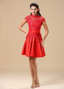 High-neck Red Lace and Custom Made Cocktail Dress in Mini-length