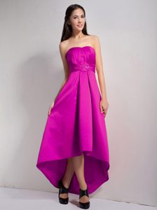 Fuchsia A-line Strapless Elegant High Low Cocktail Dresses with Appliques