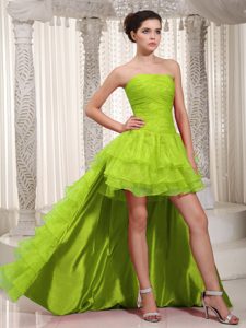 High-low Green Ruched Homecoming Cocktail Dress with Ruffled Layers on Sale