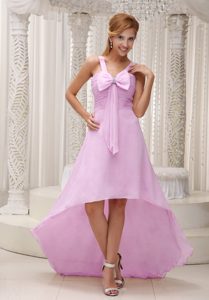 Baby Pink Beautiful High-low Ruched and Beaded Cocktail Dress with Bowknot