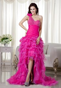 New Hot Pink A-line One Shoulder Organza Beaded Homecoming Cocktail Dress