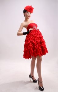 Beaded A-Line Chiffon Red Strapless Knee-length Homecoming Cocktail Dresses