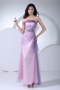 Lilac Tulle and Ankle-length Homecoming Cocktail Dress with Silver Sash