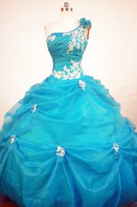 Unique One Shoulder Blue Quinceanera Gowns with White Appliques and Pick-ups