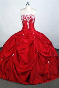 Red Up-to-date Strapless Quinceanera Dresses with Pick-ups and White Appliques