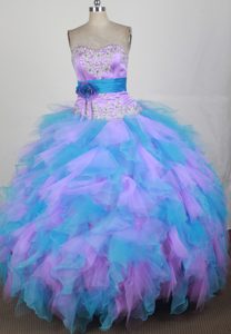 Blue Sweet 16 Quinceanera Dress with Beading and Handle Flower in Organza