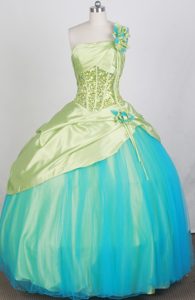 One Shoulder Spring Green Quinceanera Dresses with Beading and Flowers