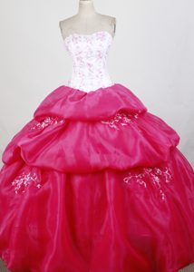 White and Hot Pink Embroidery Quinceanera Gowns with Strapless