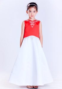 White and Red A-line V-neck Ankle-length Bow Embroidery Flower Girl Dresses