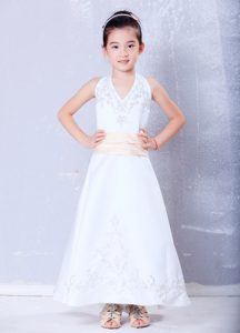 Hot White Halter Top Ankle-length Satin Flower Girl Dress with Embroidery