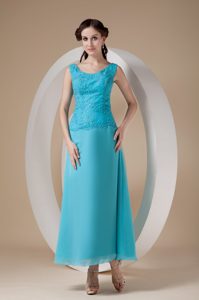 Scoop Ankle-length Aqua Blue Chiffon Dama Dress with Appliques for Less