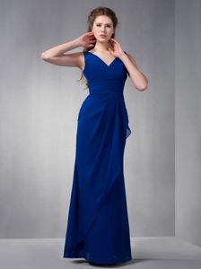 2014 Royal Blue V-neck Long Ruched Chiffon Formal Dress for Dama