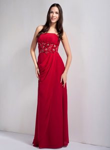 Strapless Long Wine Red Drapped Chiffon Dama Dress with Appliques