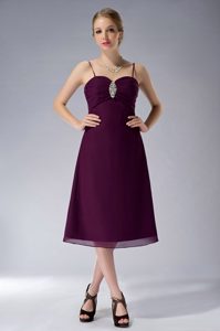 Spaghetti Straps Tea-length Dark Purple Chiffon Beaded Ruched Dama Dress