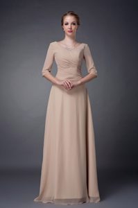 Scoop Half Sleeves Long Ruched Champagne Beaded Dama Dresses