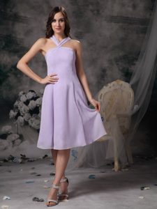 2014 Most Popular V-neck Lilac Tea-length Chiffon Bridesmaid Dama Dress
