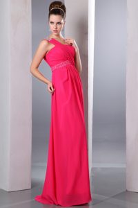 Hot Pink One Shoulder Long Ruched Party Dama Dress with Beading