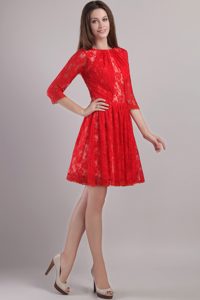 Bateau 3/4 Sleeves Mini-length Red Lace Bridesmaid Dama Dress for Cheap