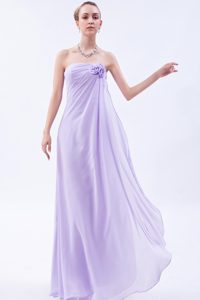 Lilac Strapless Long Ruched Chiffon Party Dama Dresses with Flower