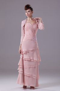 Sweetheart Ankle-length Baby Pink Layered Ruched Dama Dress with Jacket