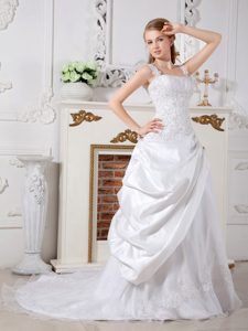 Square Straps Court Train Ruched Wedding Dress with Pick-ups and Applique