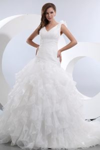 Pretty A-line V-neck Ruffled Dress for Bride in and Organza on Sale