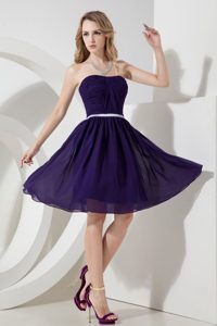 Purple Princess Strapless Evening Dress with Ruches and White Sash