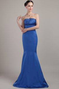 Blue Mermaid Strapless Prom Evening Dresses with Beadings for Spring
