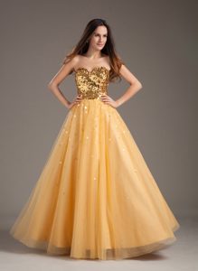 Luxurious A-line 2013 Sweetheart Gold Tulle Semi-formal Evening Dress for Cheap
