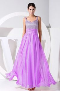 Popular Lavender Beading Decorated Straps Ankle-length Prom Dress for Cheap
