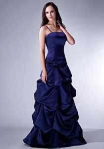 Cheap Navy Blue Beaded Prom Dress with Spaghetti Straps and Pick-ups