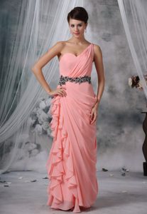 Beaded and Ruched One Shoulder Pink Chiffon Prom Evening Dresses for Cheap