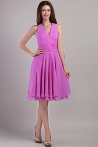 Beautiful Halter Top Knee-length Lavender Prom Dress with Ruches