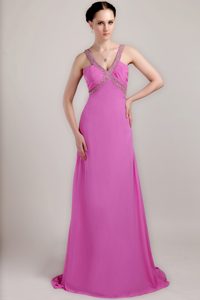 Fuchsia Beading and Ruching Prom Dress with V-neckline for Autumn