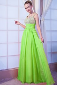 Classic V-neck Chiffon Junior Prom with Beadings and Straps in Spring Green