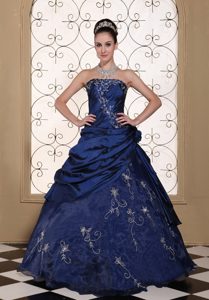 Exclusive Strapless Navy Blue Quinceanera Dress with Embroidery on Promotion