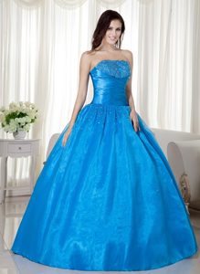 Blue Ball Gown Strapless Sweet 16 Quinceanera Dresses with Beading