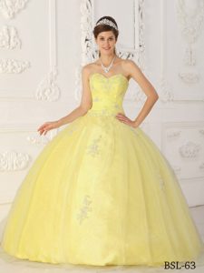 Light Yellow Sweetheart and Organza Quinceanera Dress with Appliques