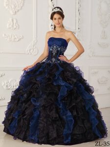 Blue and Black Strapless and Organza Quinceanera Dress with Beading