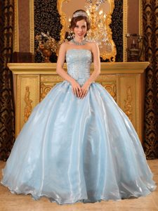 Light Blue Strapless Organza Beaded Quinceanera Gown Dress on Wholesale Price