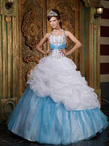 White and Blue Halter Top Beaded Quinceanera Gown Dresses on Wholesale Price