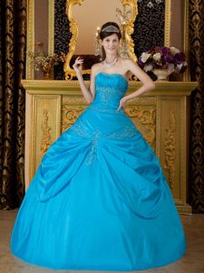 Blue Strapless Ruched Quinceanera Dress with Appliques on Promotion