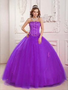 Elegant Strapless Tulle Beaded Purple Sweet 16 Quinceanera Dresses for Cheap