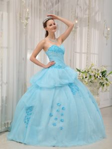 Sweet Light Blue Sweetheart Organza Quince Dresses with Appliques for Spring