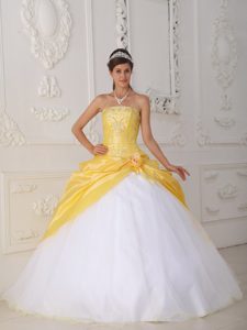 Popular Organza and Appliqued Quinceaneras Dress in Yellow and White