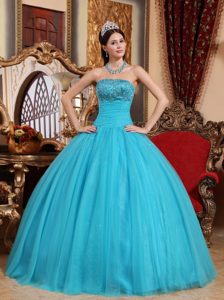 Special Strapless Embroidered Beaded Tulle Sweet Sixteen Dress in Aqua Blue