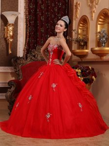 Classical Appliqued Red Organza Sweet 15 Dresses with Pick-ups under 250