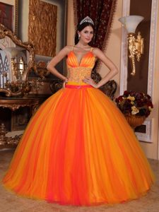 Sweet V-neck Long and Tulle Quinceanera Dress in Orange Red